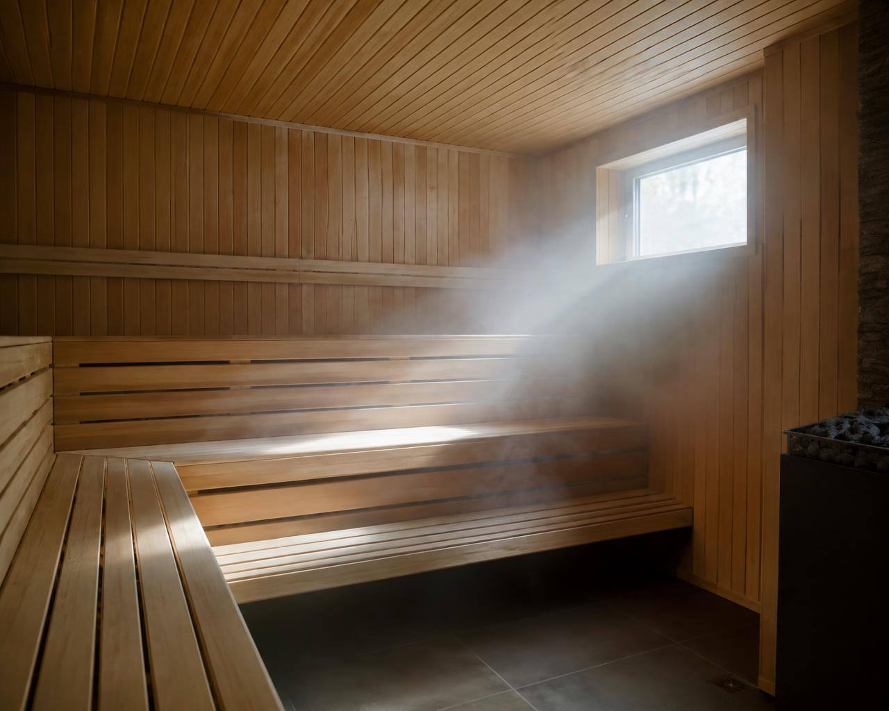 Light, modern home sauna interior with wooden benches