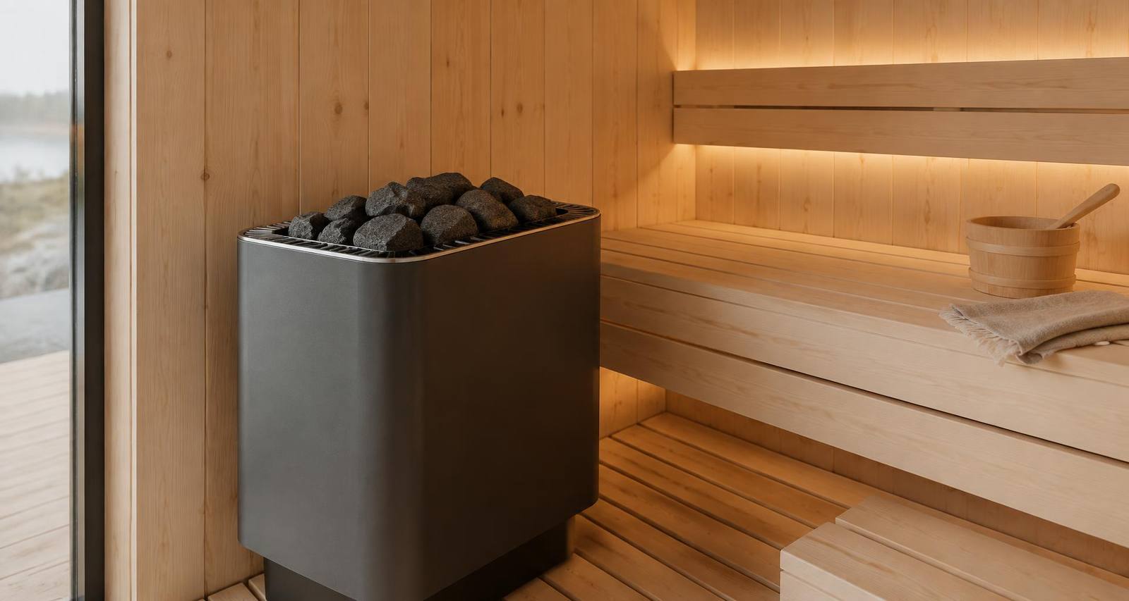Sauna heater with stones in a timber sauna room