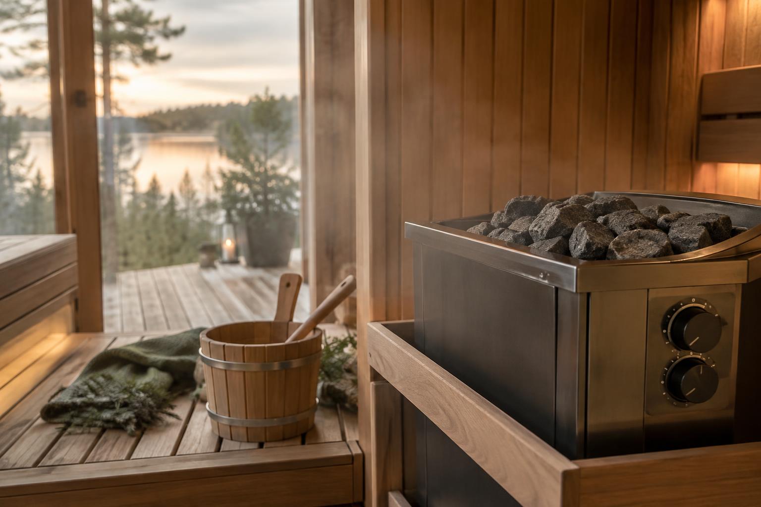 Electric sauna heater and controls in a wooden sauna interior