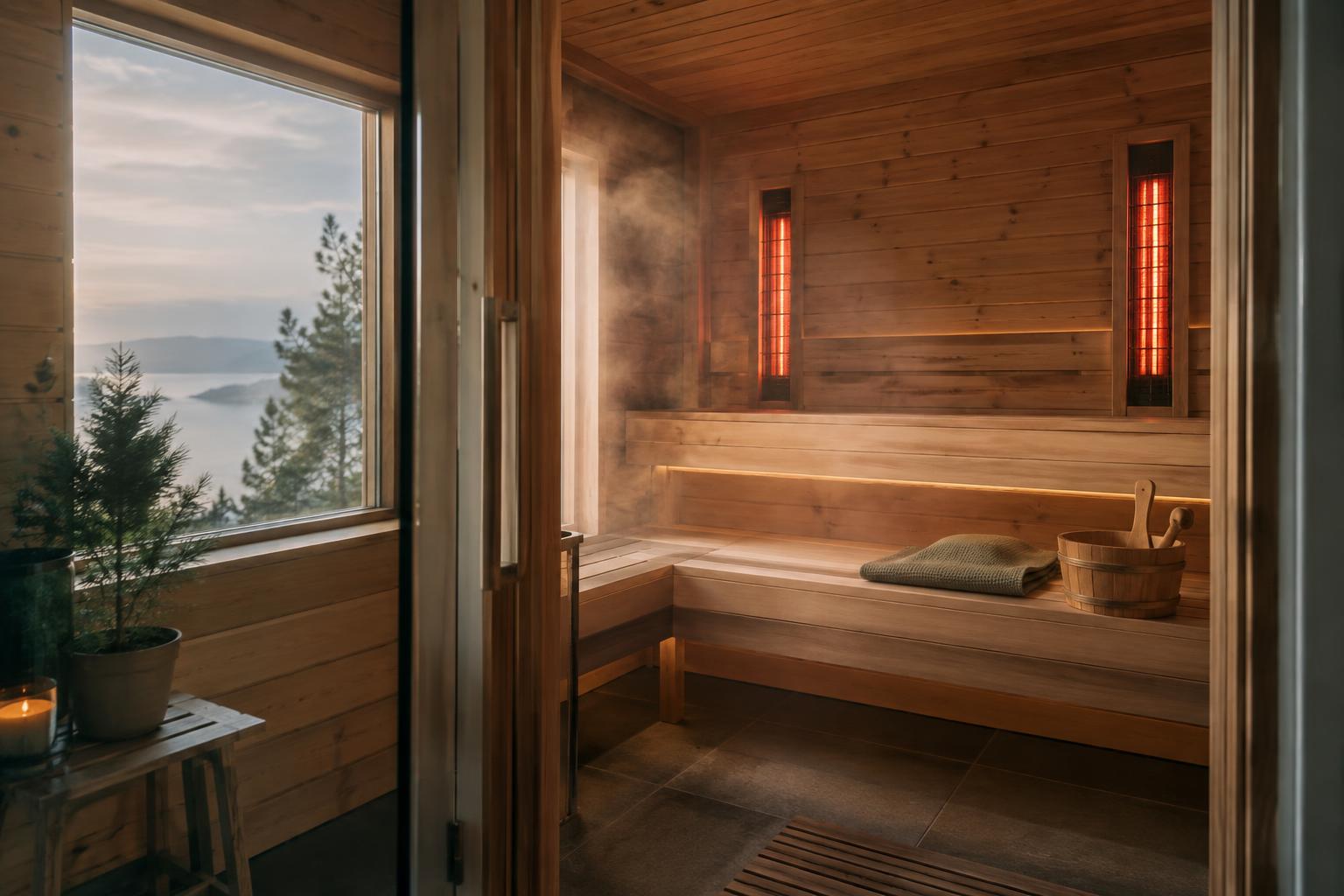 Wooden home sauna interior with infrared heating panels beside the seating