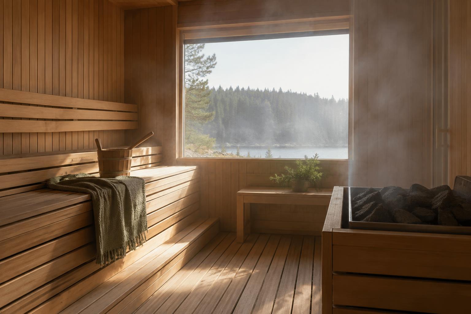 Wooden benches and soft steam inside a sauna.