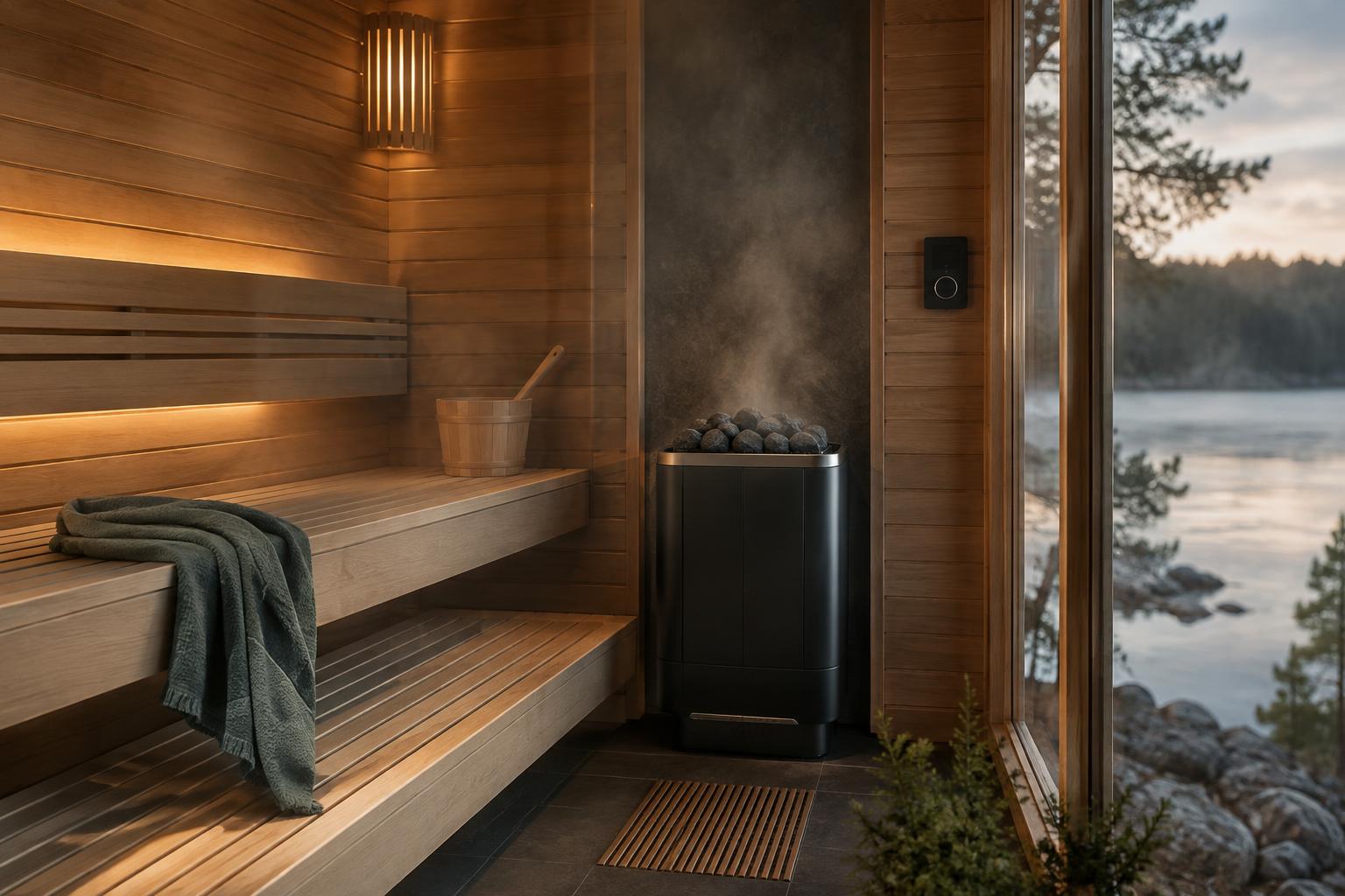 Electric heater and thermostat inside a sauna