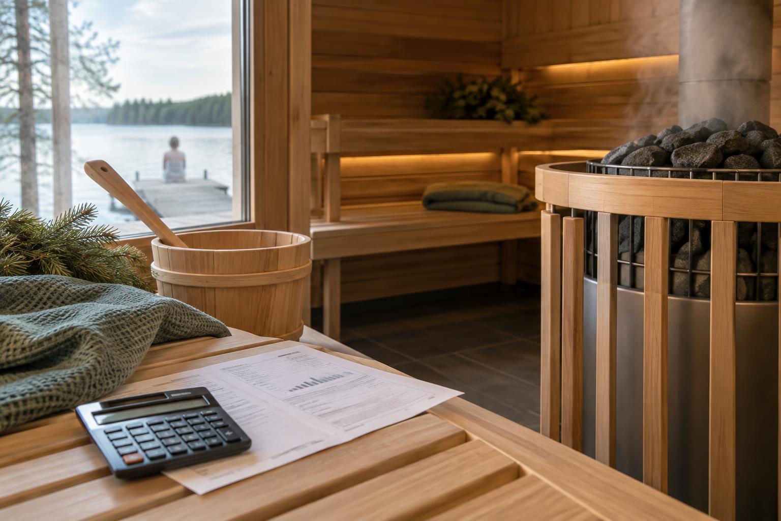 Sauna heater in a wooden interior with an energy bill and calculator