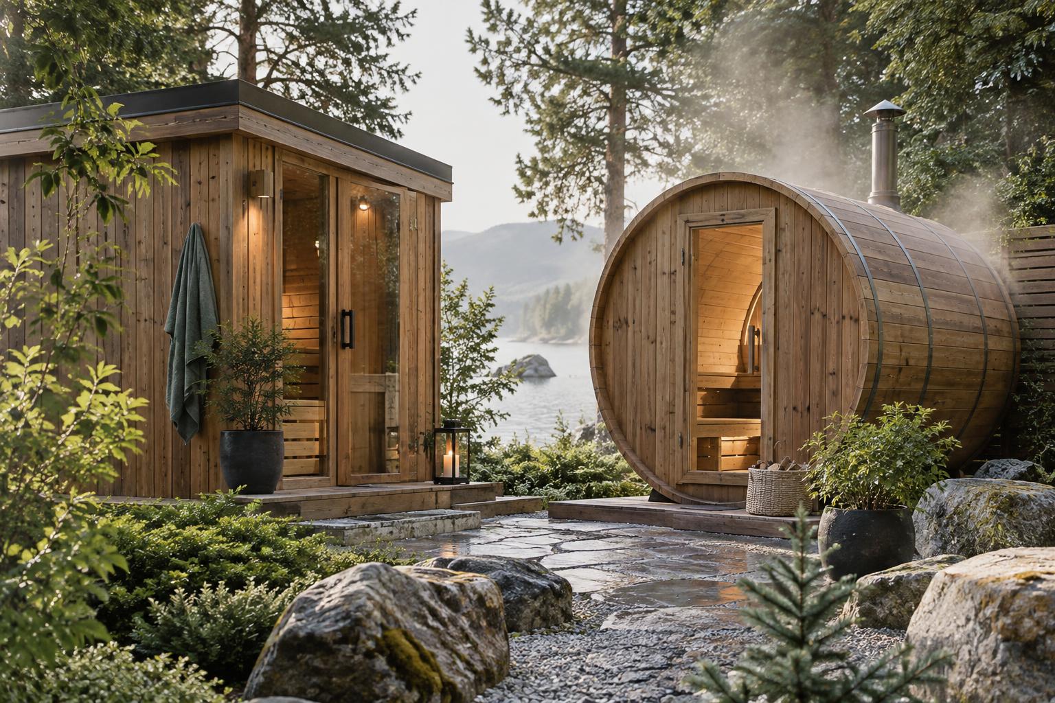 Outdoor sauna cabin and barrel-shaped sauna in a garden