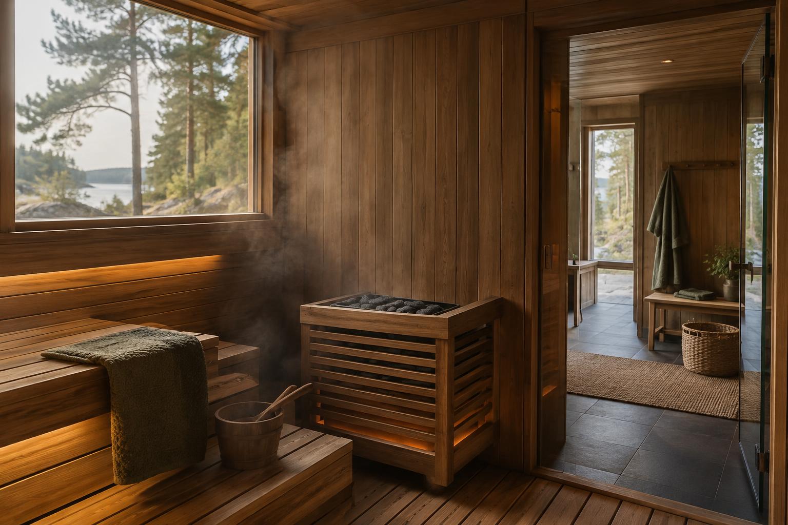 Thermo wood sauna interior opening into a separate changing room