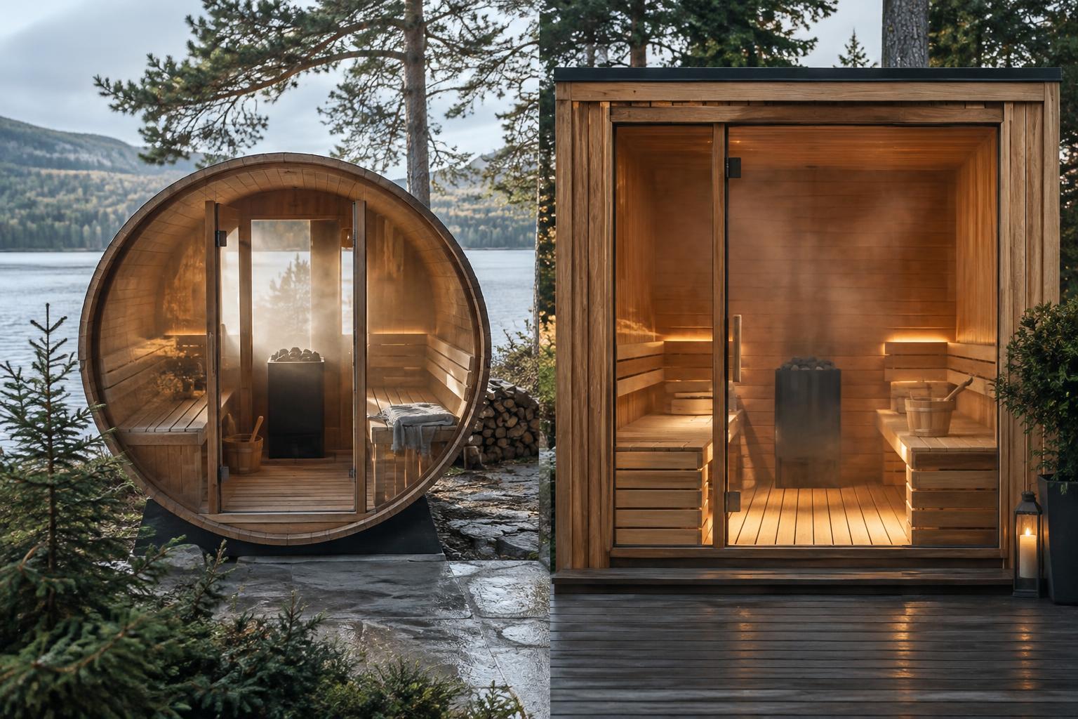 Curved barrel sauna interior beside a straight-sided wooden cabin sauna interior