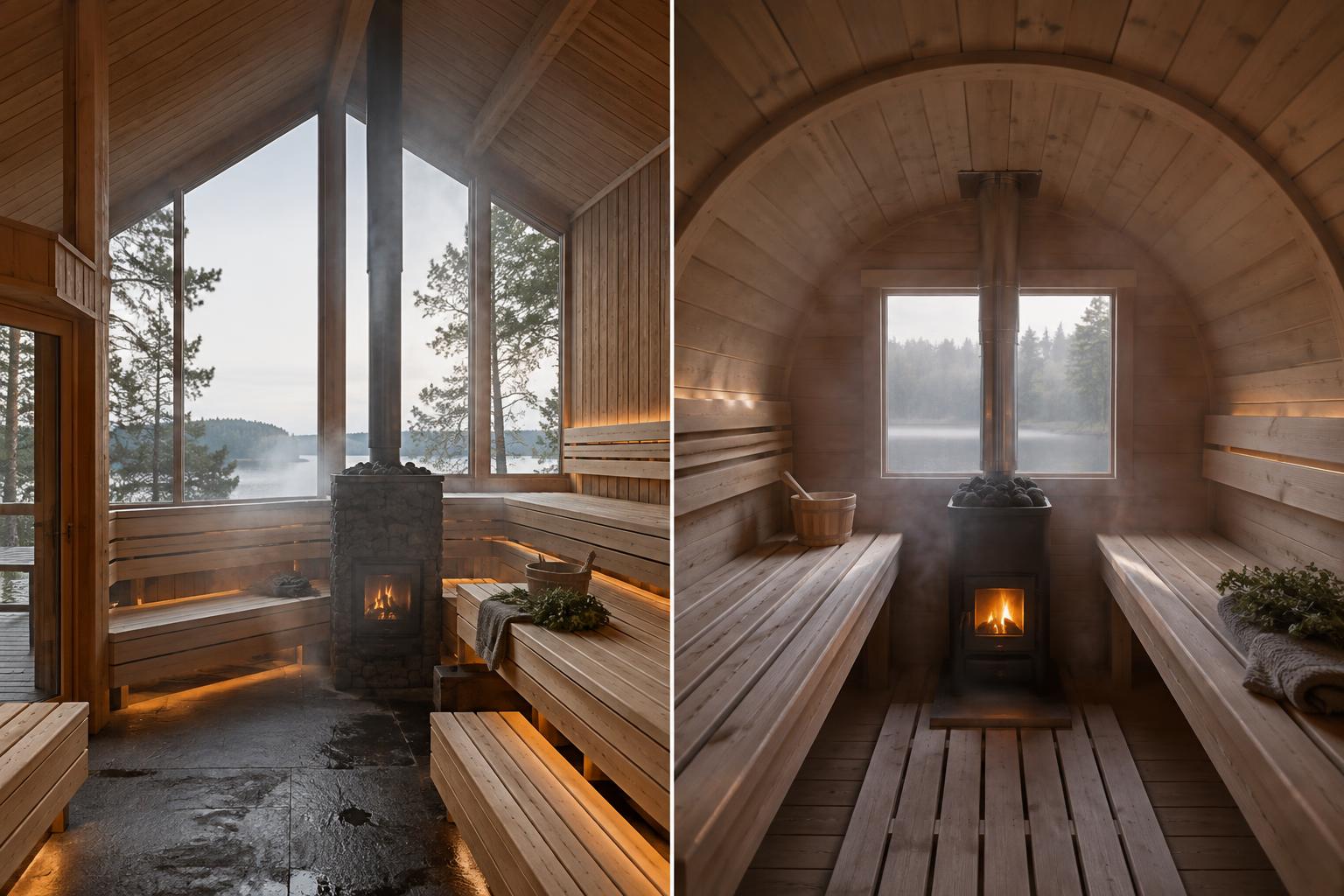 Cabin and barrel sauna interiors with benches and contrasting ceiling shapes.