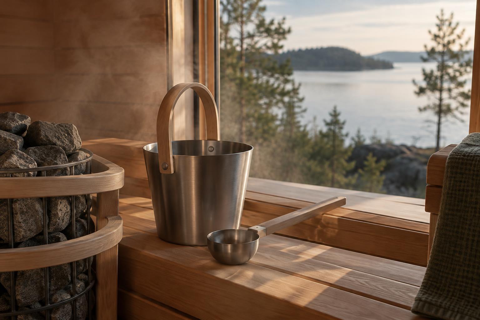 Aluminium sauna bucket and ladle beside sauna stones.