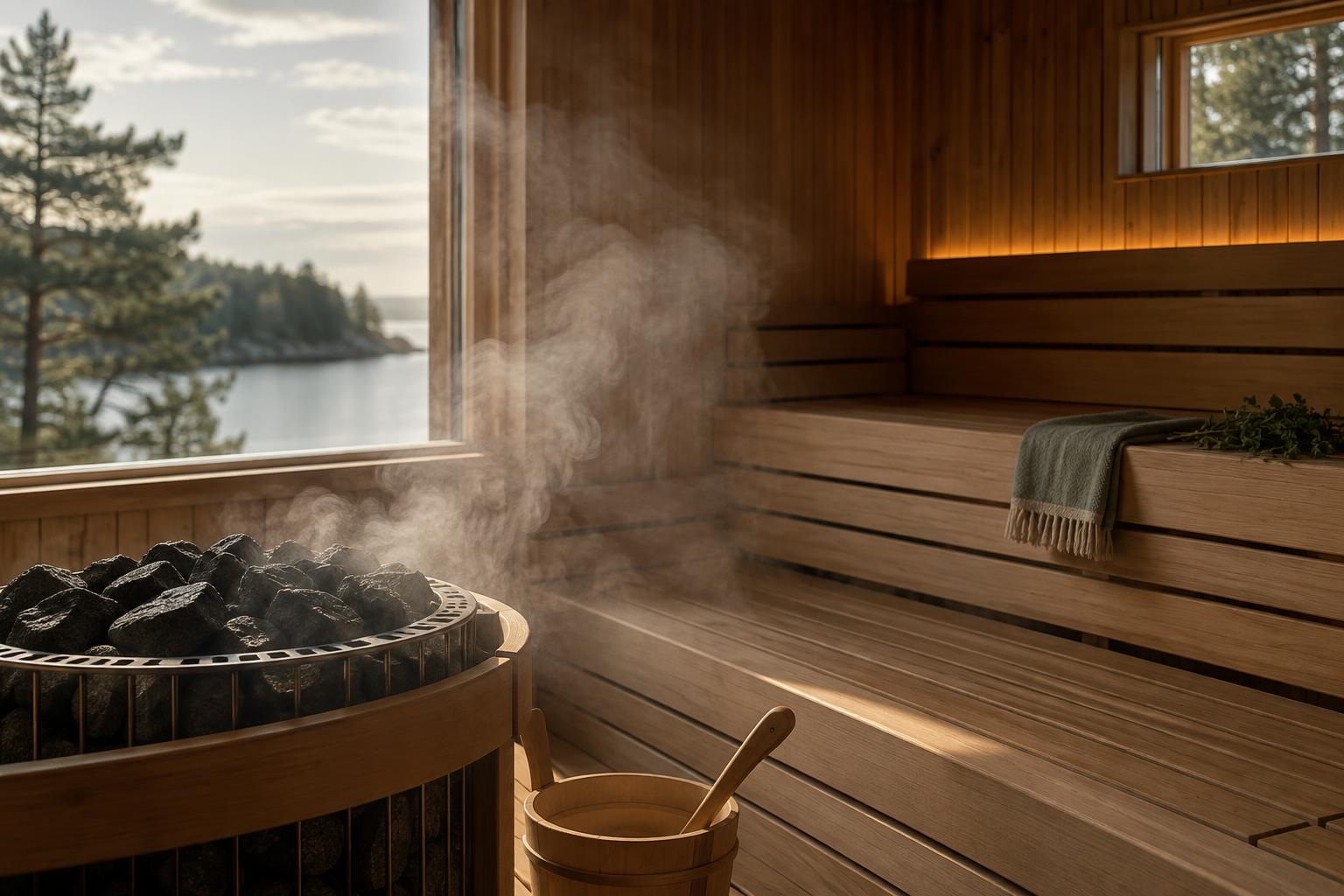 Wooden sauna room with benches and steam rising from hot stones.