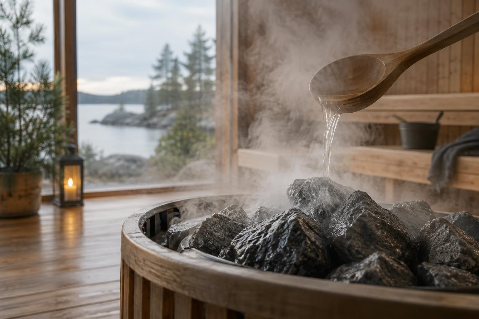 Water flowing over hot sauna stones, with steam rising
