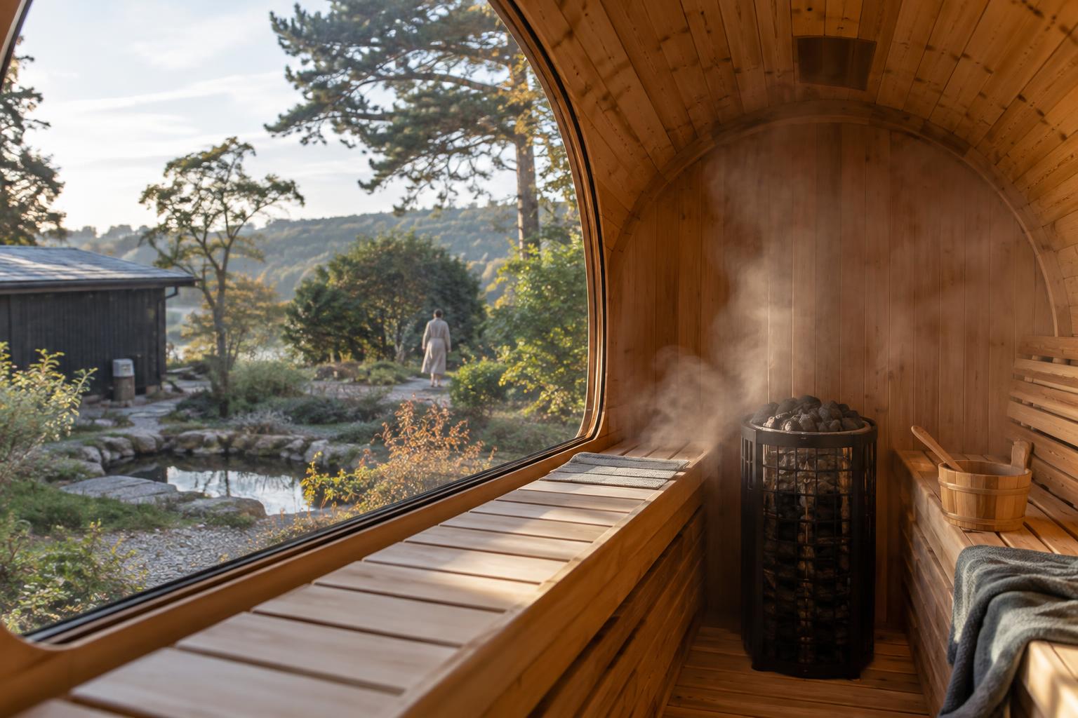 Timber barrel sauna with a large glazed section facing a garden
