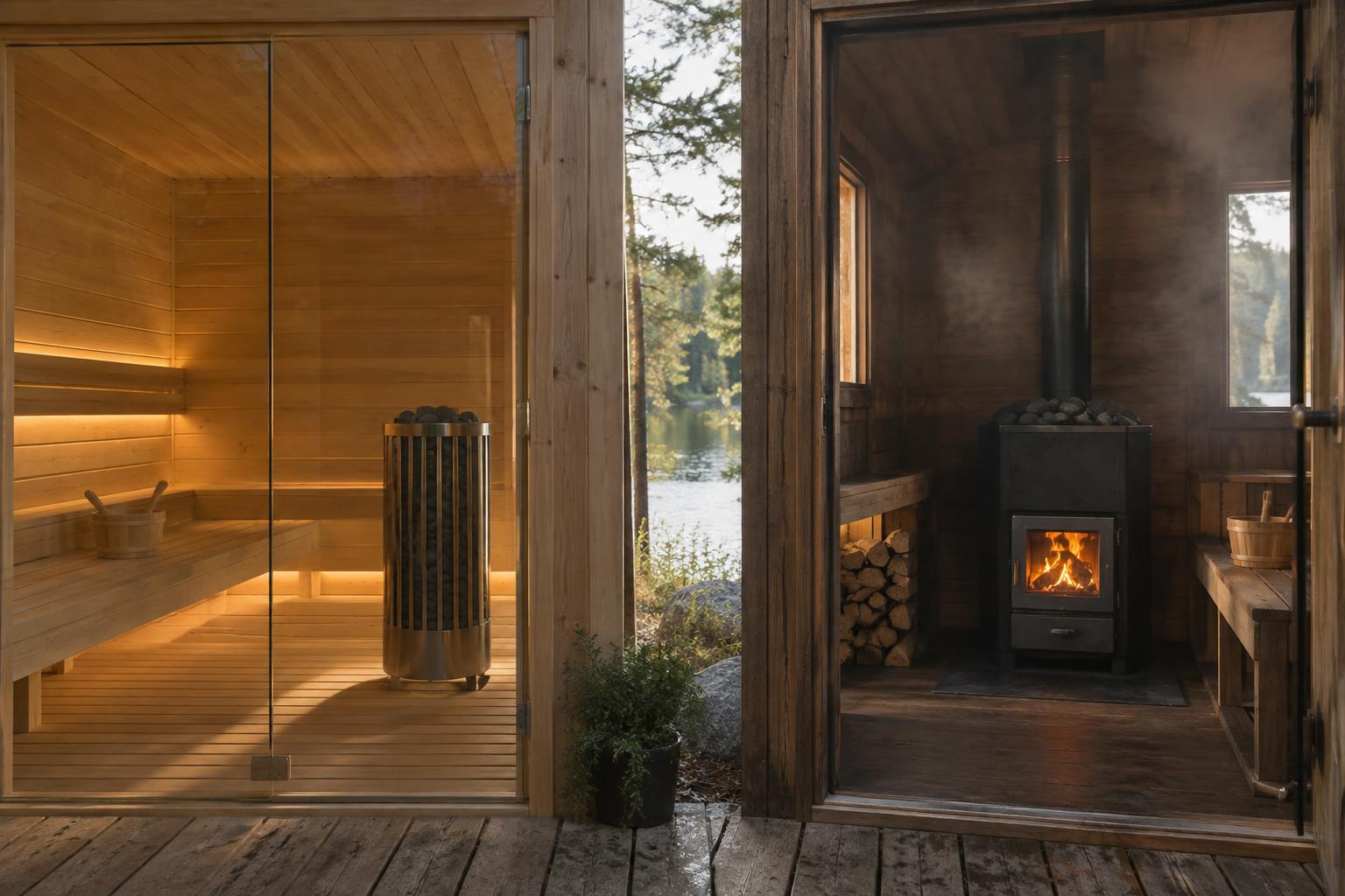Garden sauna interiors with electric and wood-fired heaters