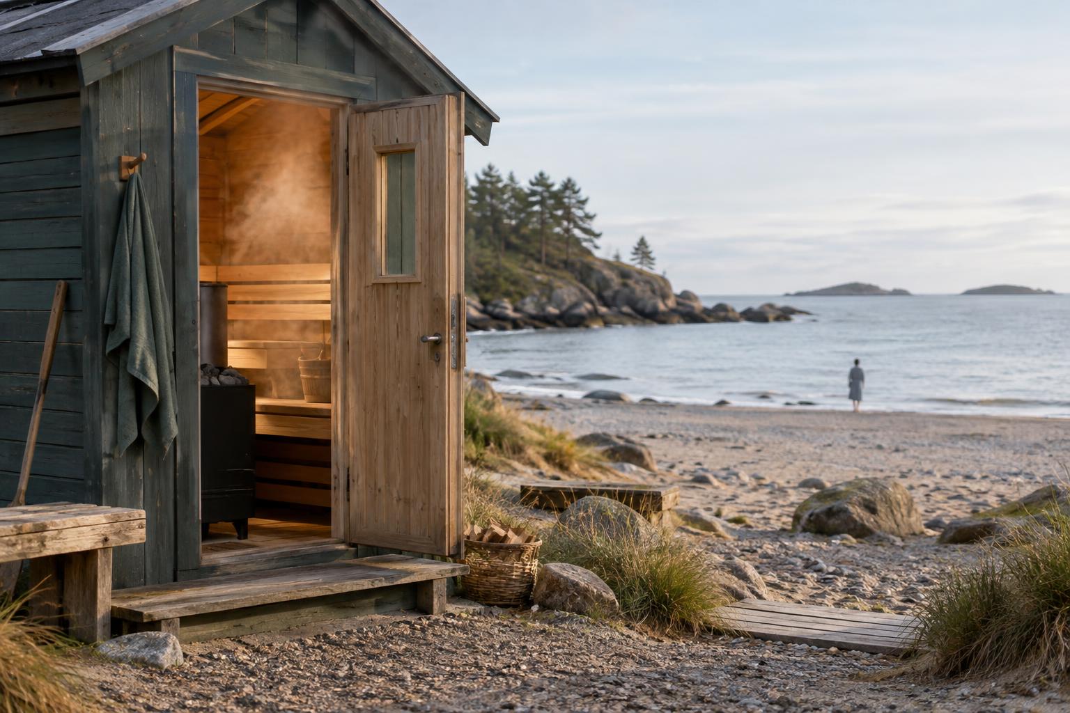 Converted beach hut sauna beside the sea