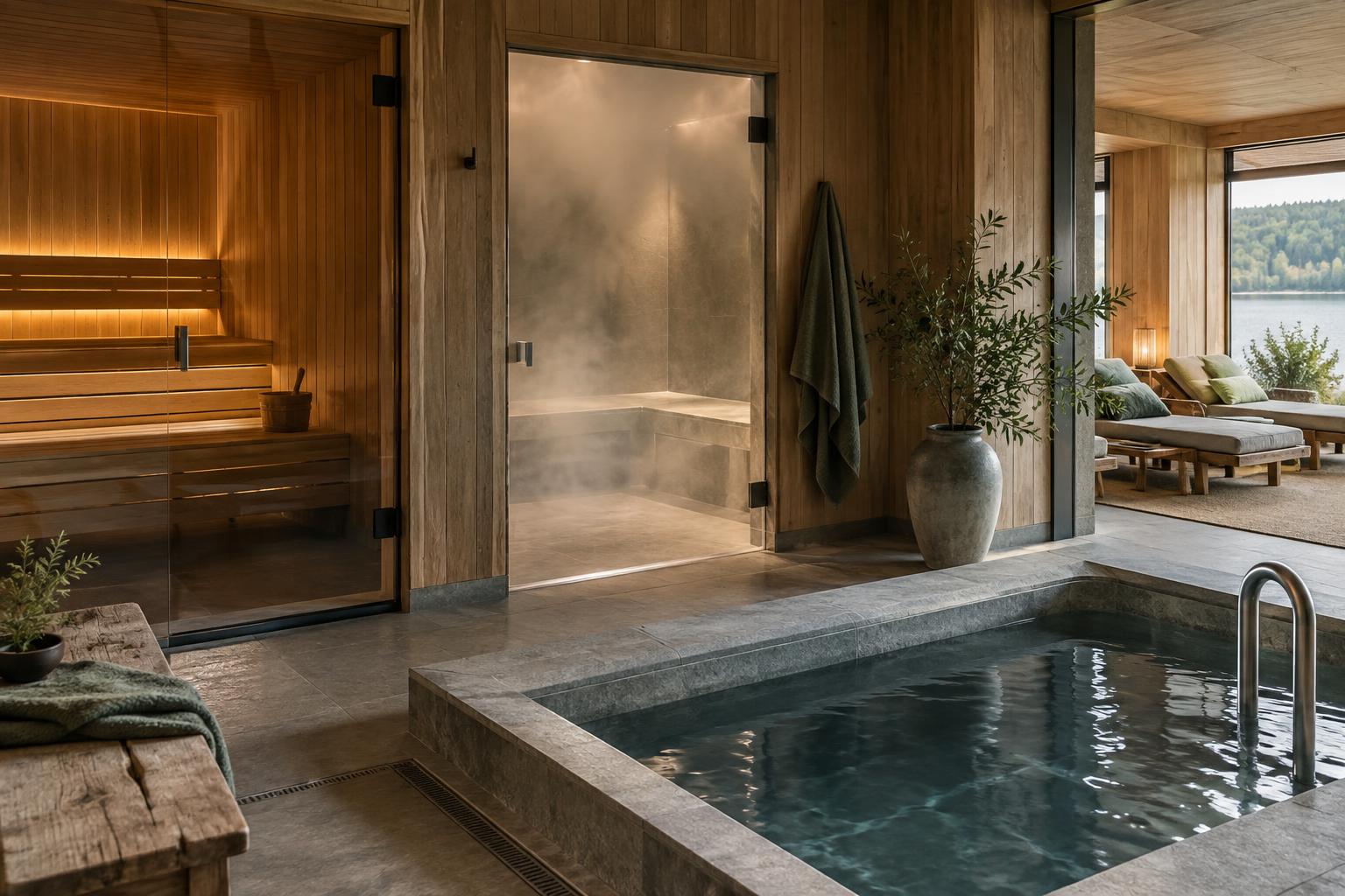 Spa interior with a sauna, steam room, cold plunge pool and relaxation room.