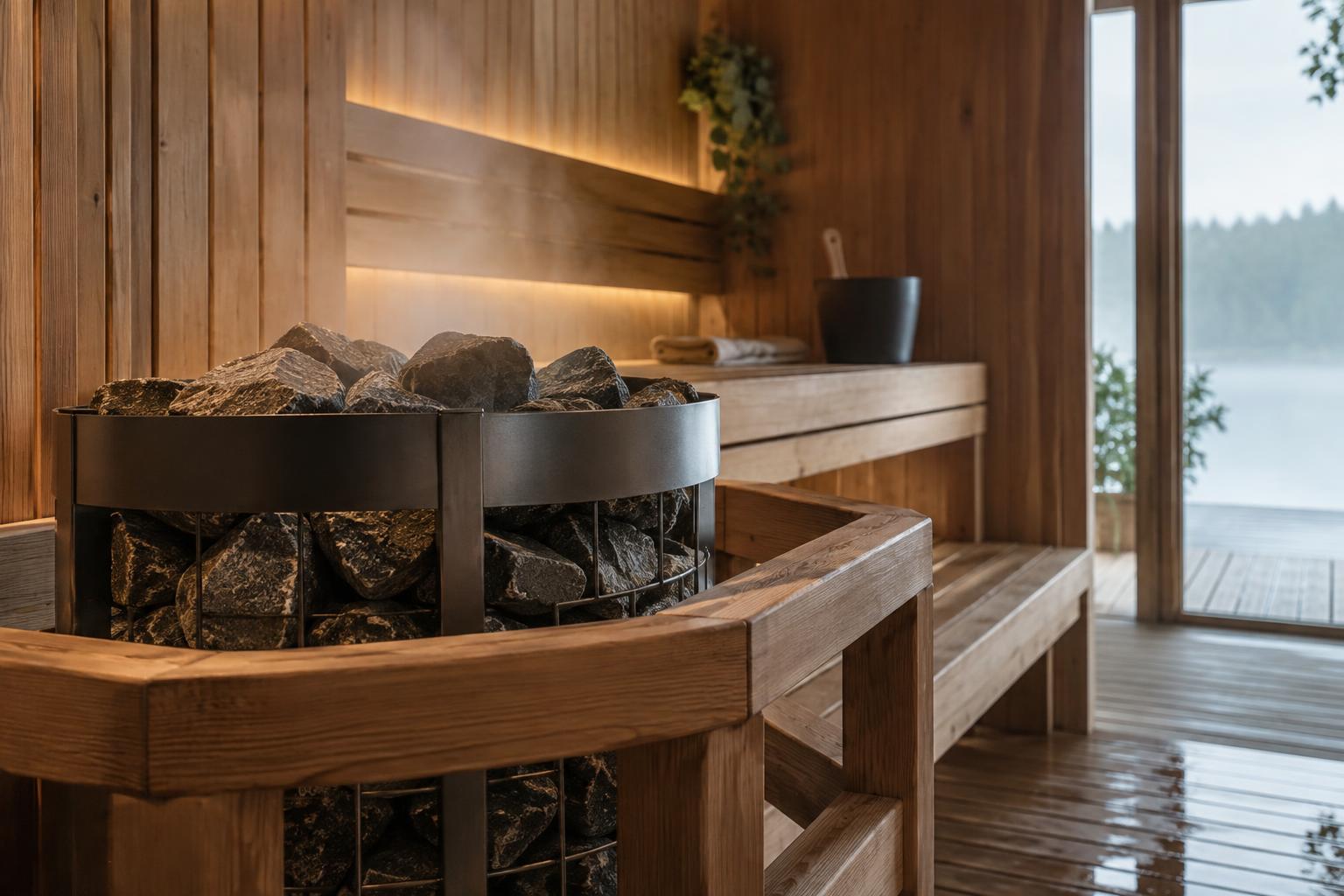 Electric sauna heater inside a sauna room