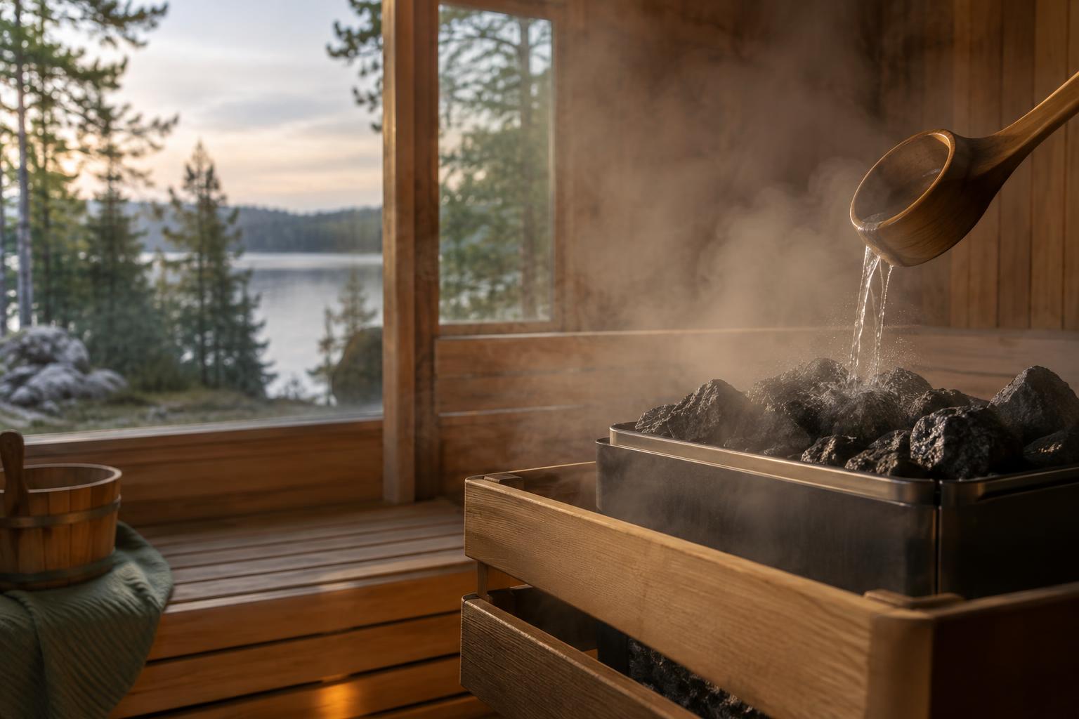 Steam rising from hot sauna stones as water meets their surface.