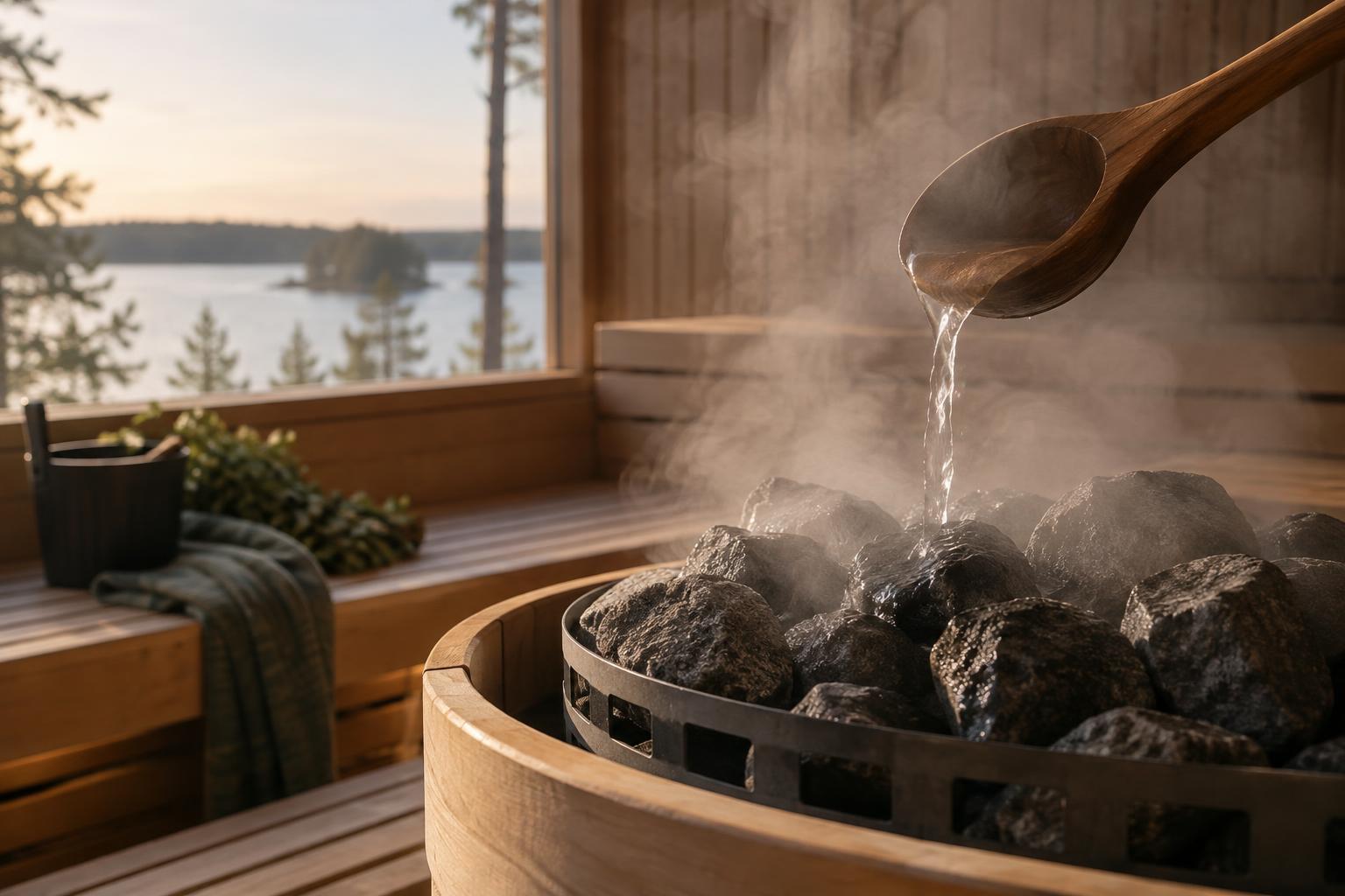 Ladle pouring water across sauna stones as steam rises.