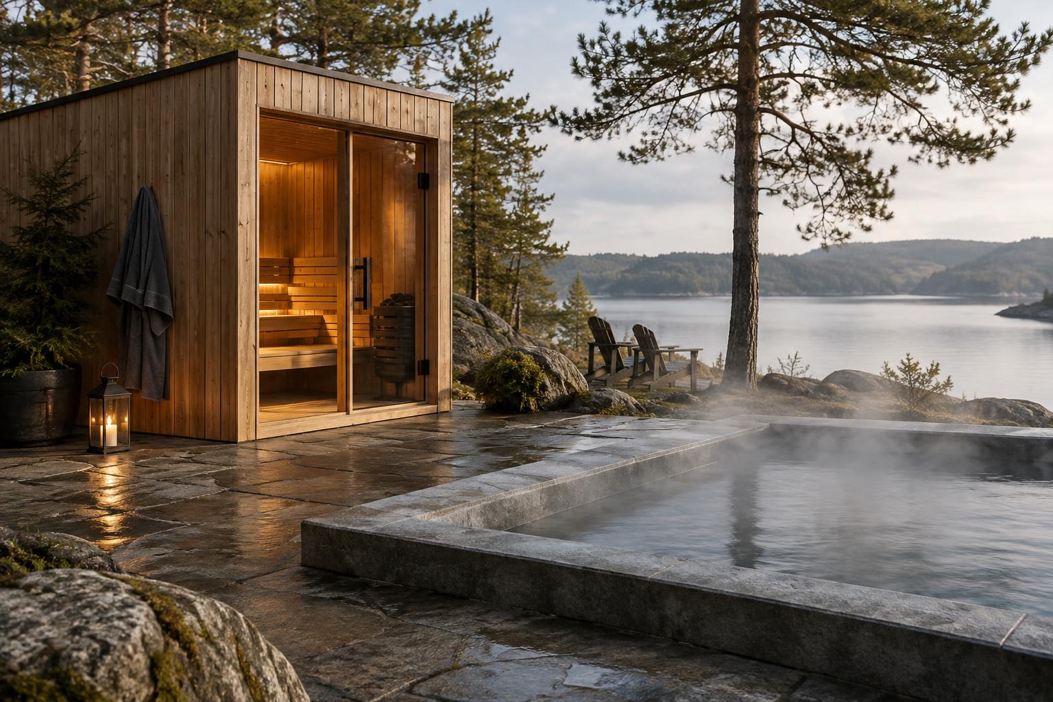 Sauna beside a cold plunge pool, with steam above the water