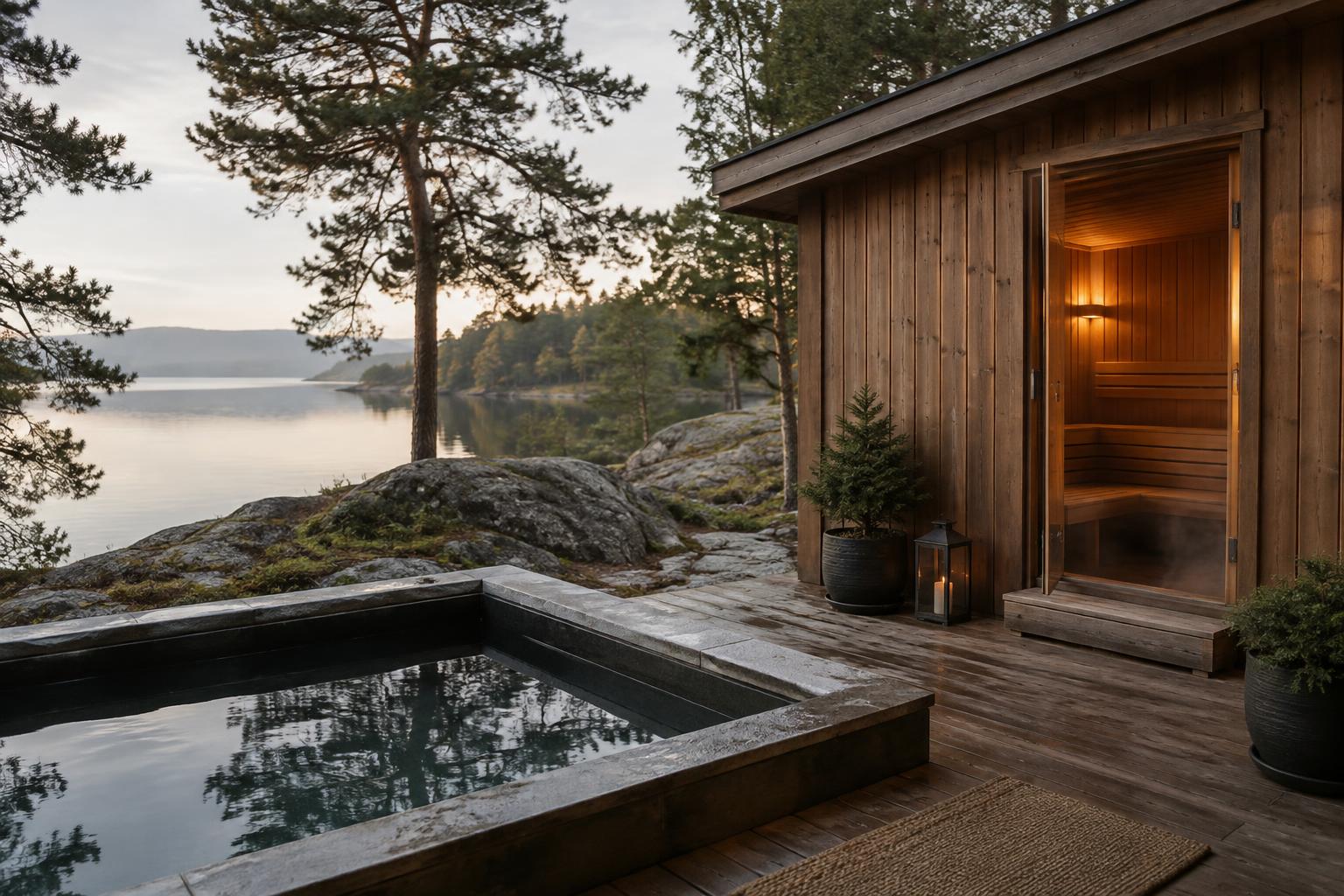 Wooden sauna beside a cold plunge pool with still water