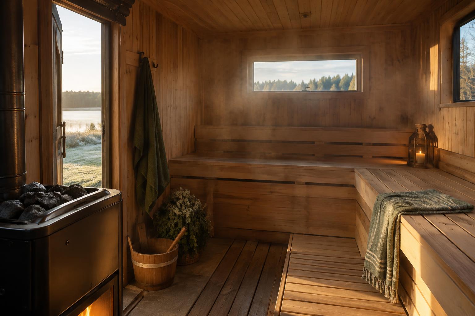 Timber-lined horsebox sauna interior with an L-shaped wooden bench