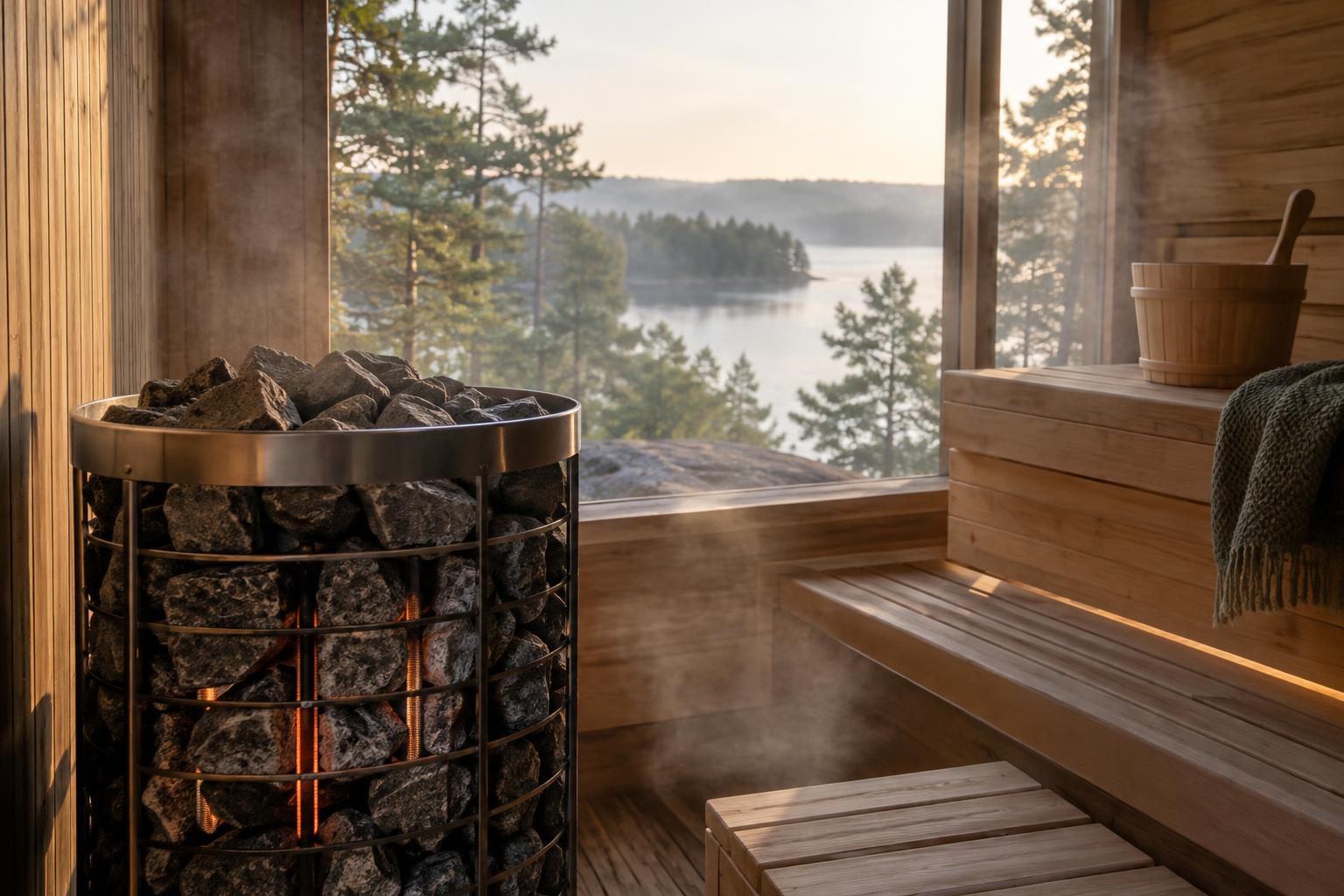 Stones and heating elements inside an electric sauna heater.