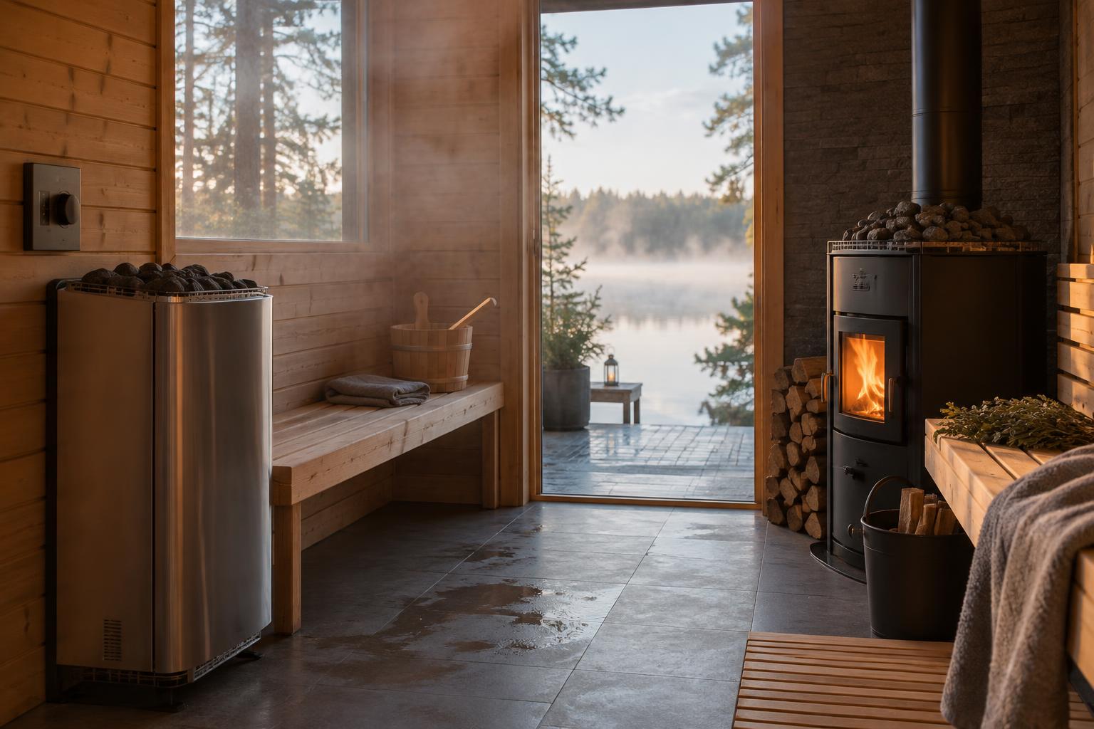 Electric and wood-burning sauna heaters beside a stack of logs.