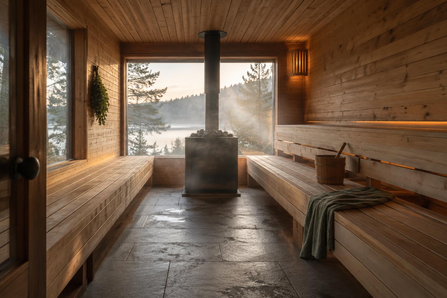 Wooden sauna interior showing the floor, ceiling and walls.