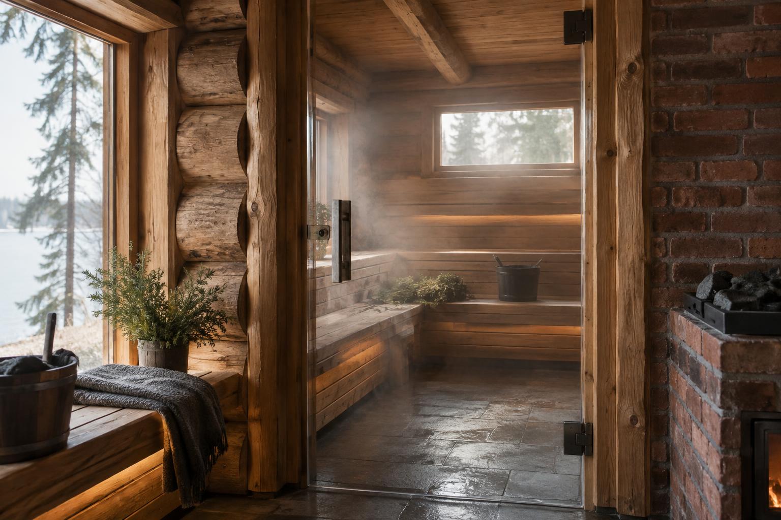 Sauna interior with log walls, a glass door and exposed brickwork.