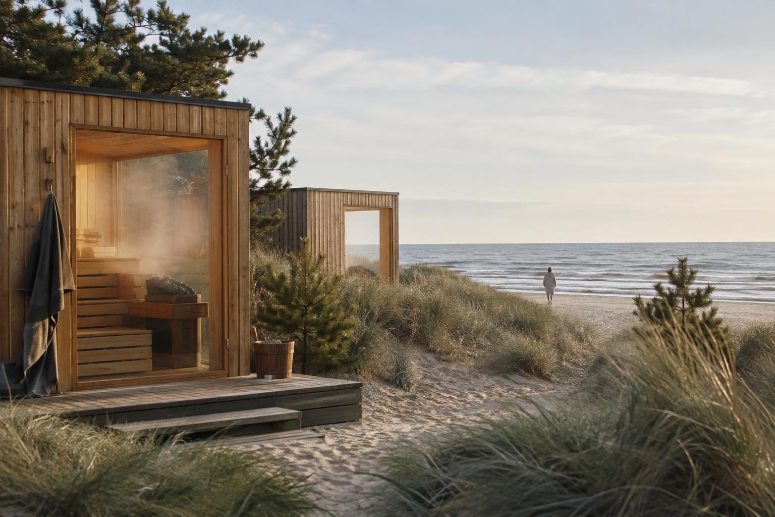 Sauna cabins beside coastal dunes, with a beach and sea beyond.