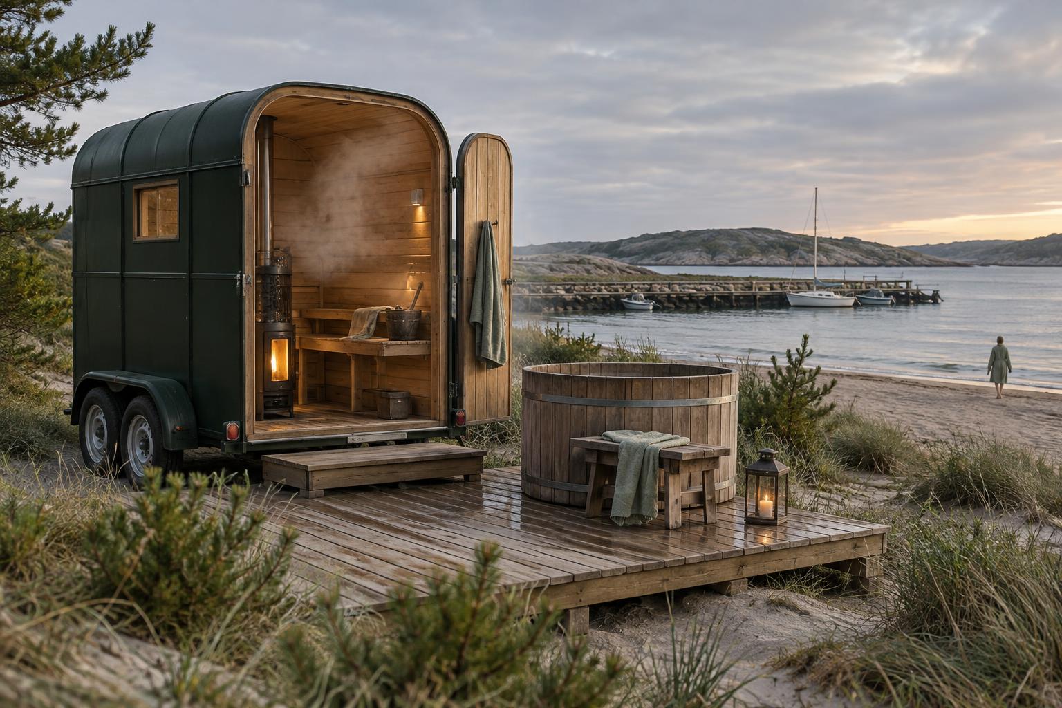 Converted horse trailer sauna beside harbour dunes, with aspen lining and a cooling deck.