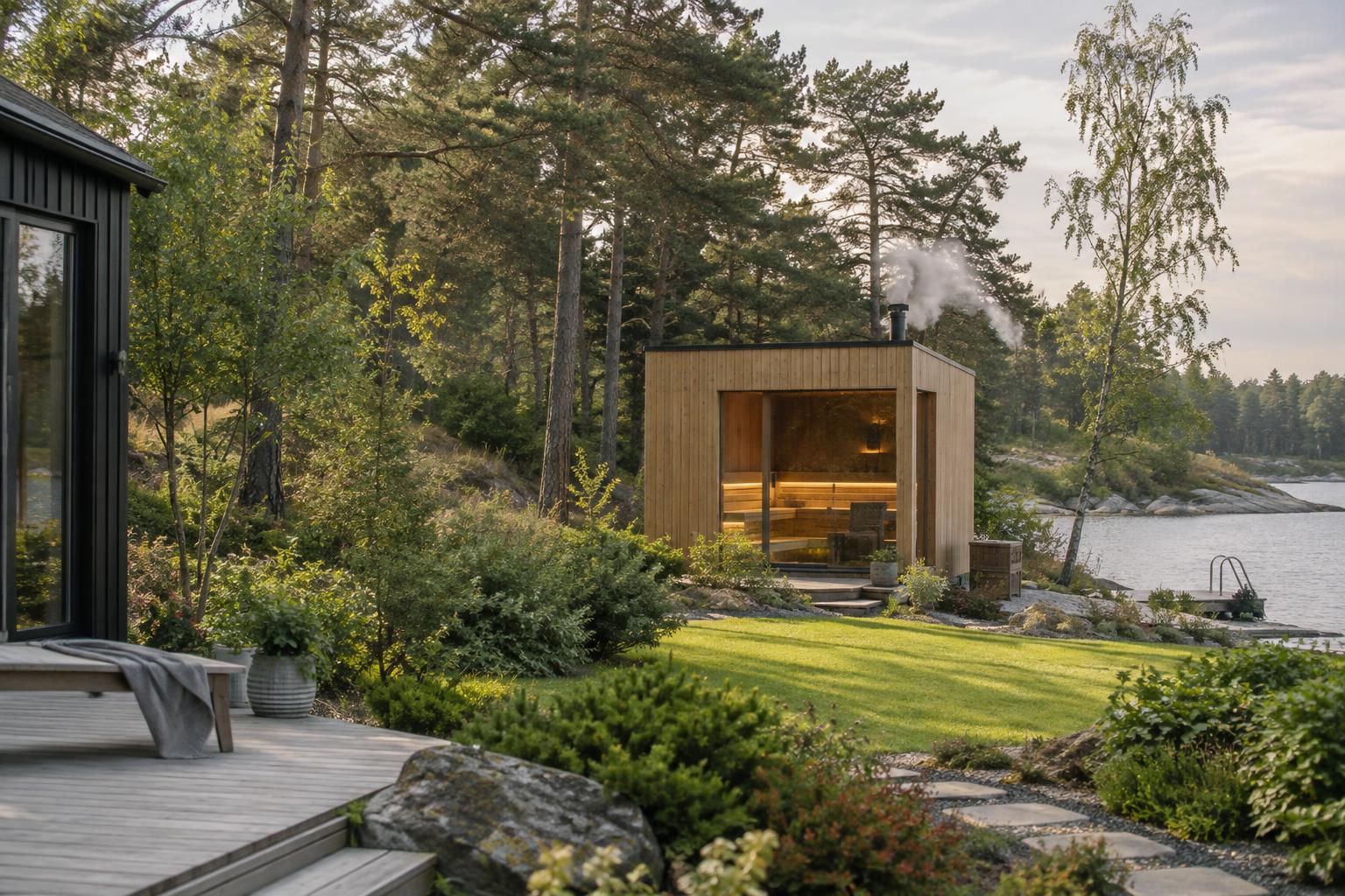 Garden sauna with its position in the garden clearly visible