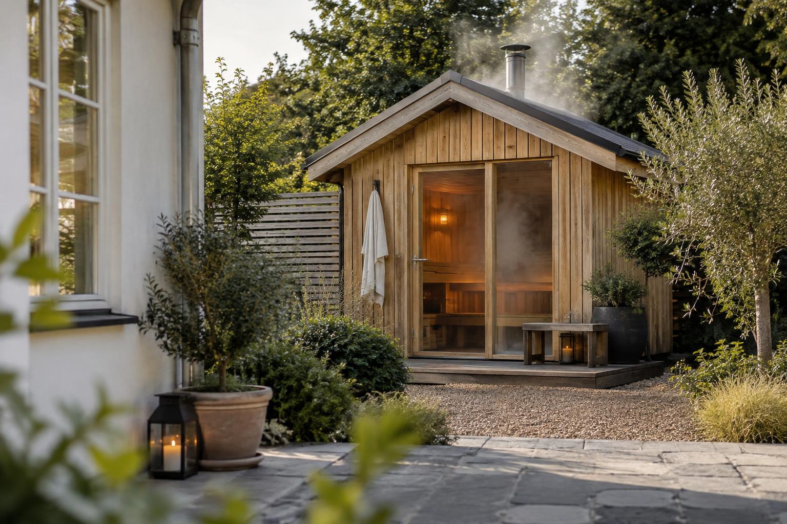 Wooden garden sauna with a pitched roof beside a visible garden boundary