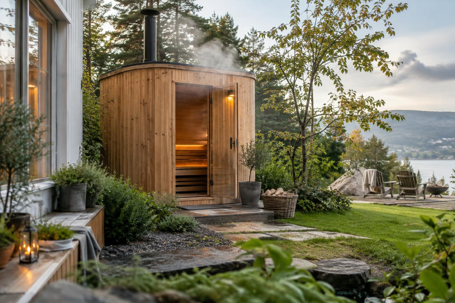 Wooden garden sauna beside a house