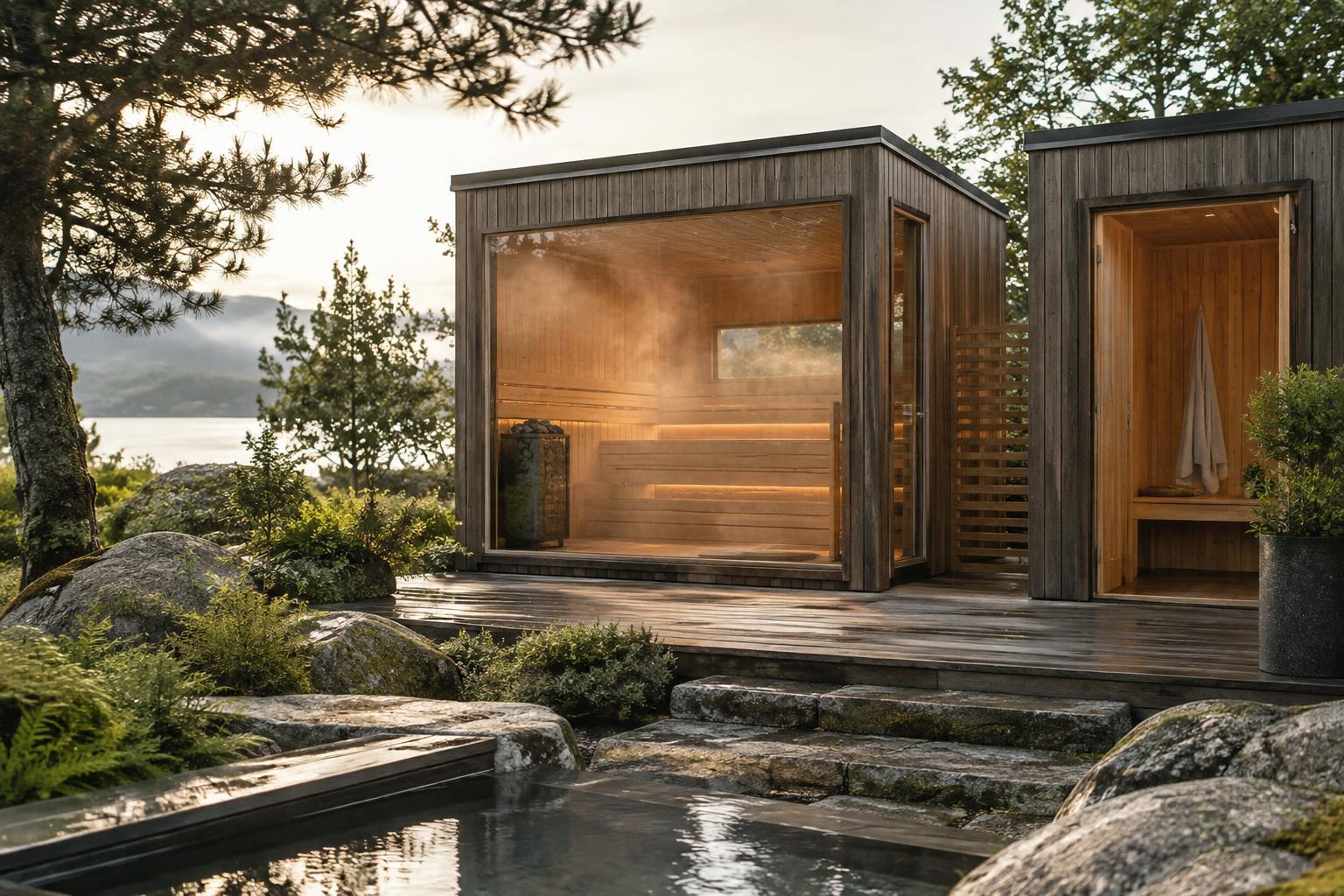 Compact garden sauna beside a sauna cabin with a changing room