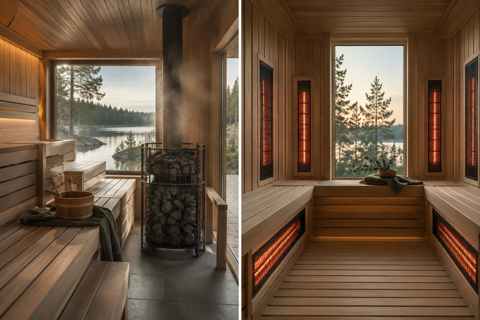 Wooden sauna interiors with a stone-filled heater and infrared panels.