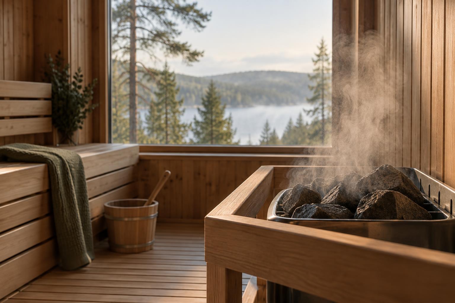 Steam rising from heated stones in a wooden sauna