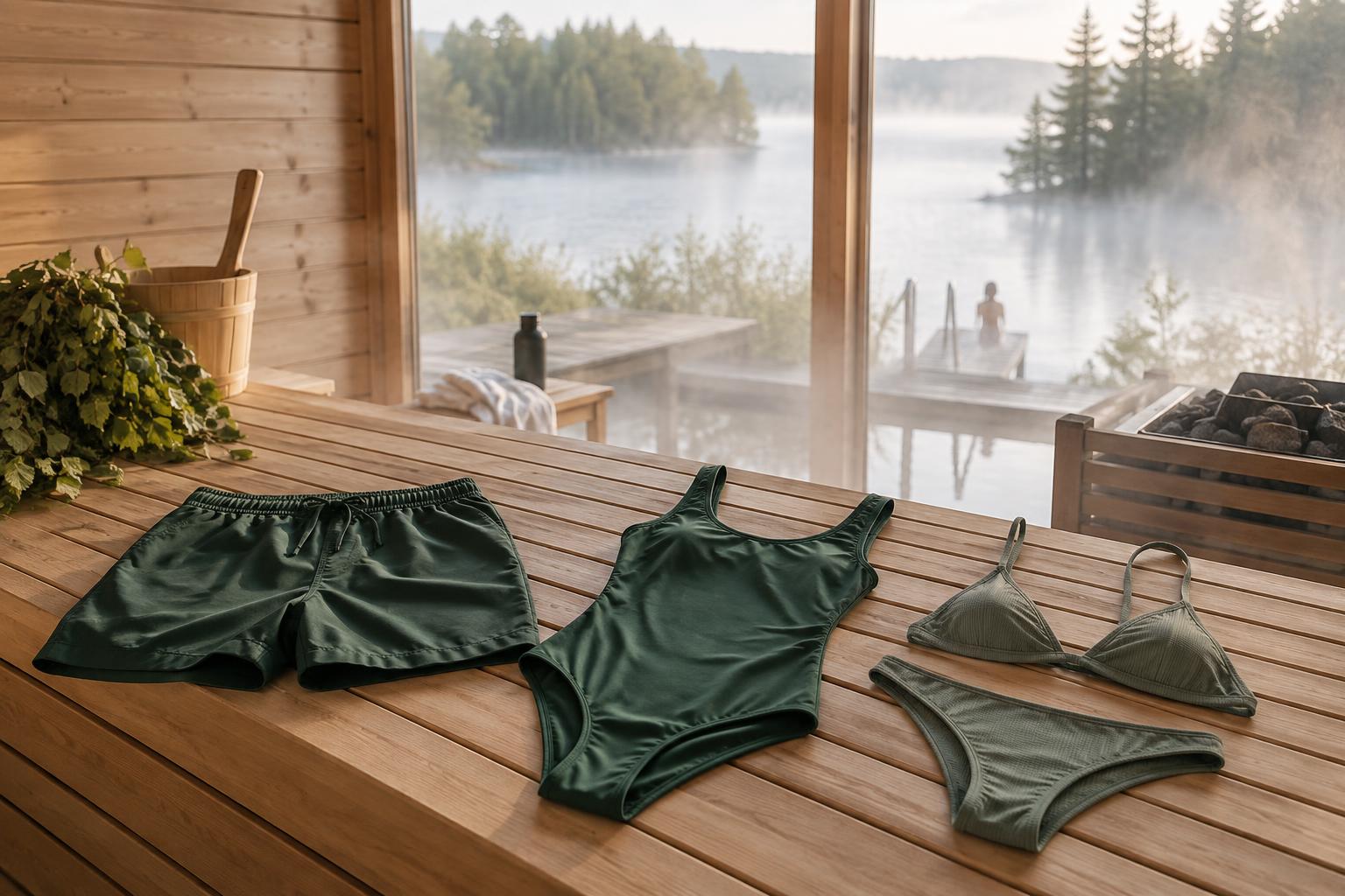 Clean swimming trunks, a one-piece costume and a two-piece swimsuit laid out together.