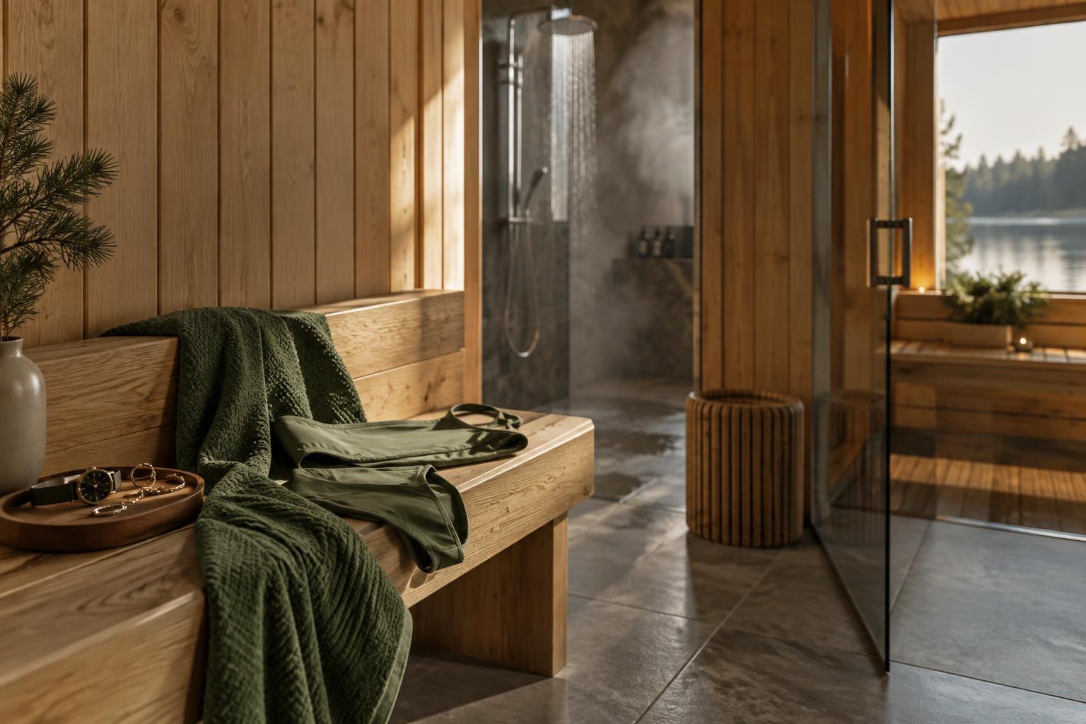 Clean swimwear and towel beside a shower, with watch and jewellery set aside.
