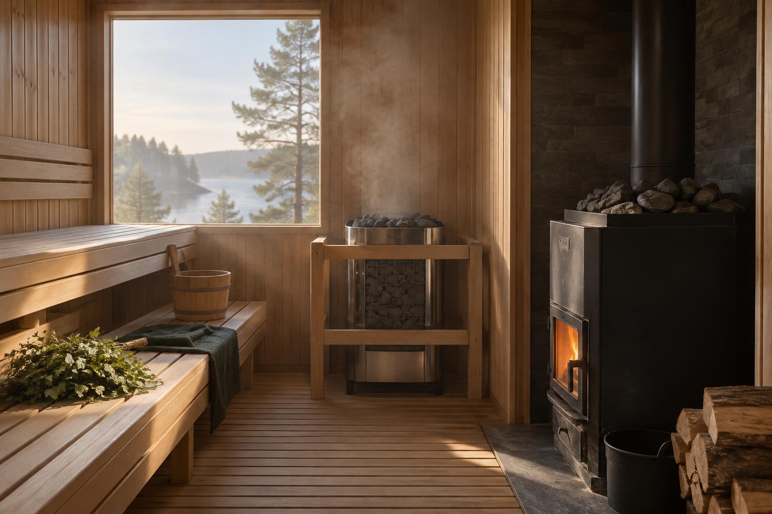 Electric and wood-fired sauna heaters in a sauna interior