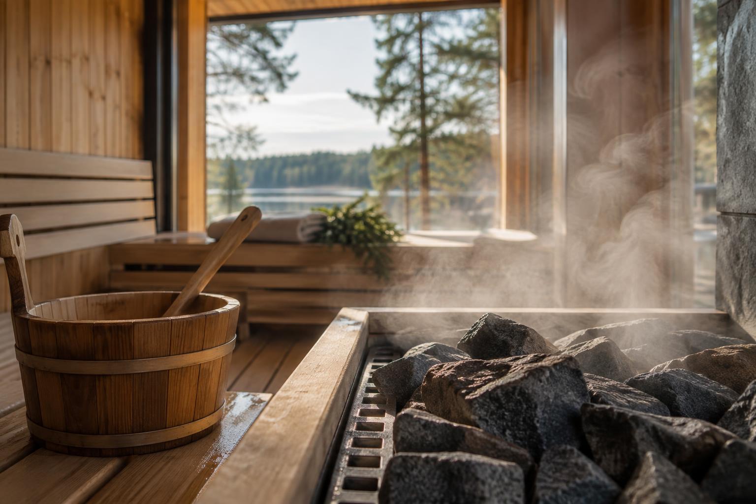 Wooden sauna bucket and ladle beside steaming hot stones.