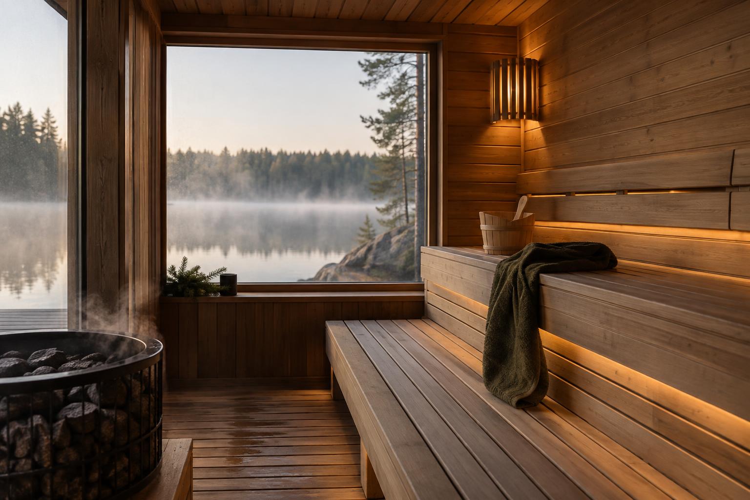 Veneer-shaded wall lamp and warm white accent lighting in a sauna