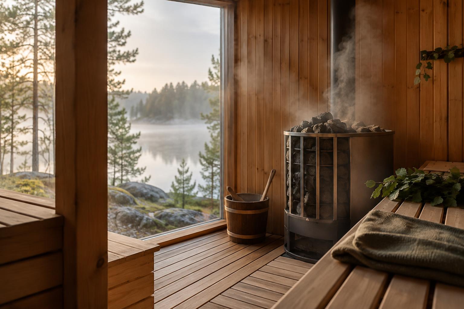 Sauna heater against a wooden wall in a compact sauna