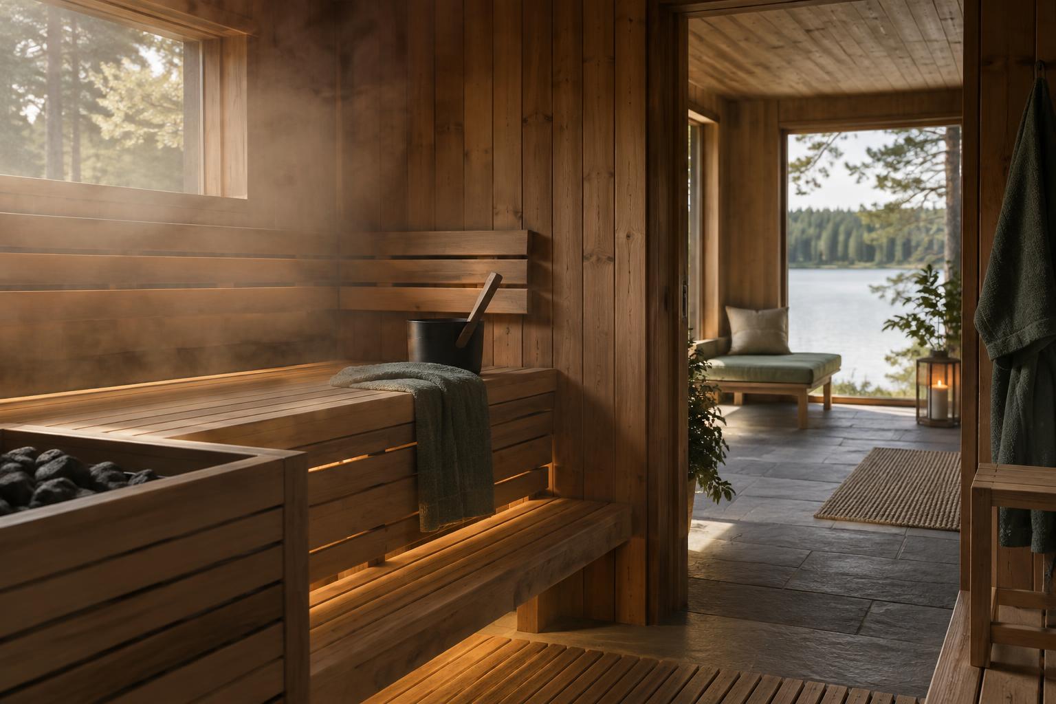 Wooden sauna bench with a resting area beyond the doorway