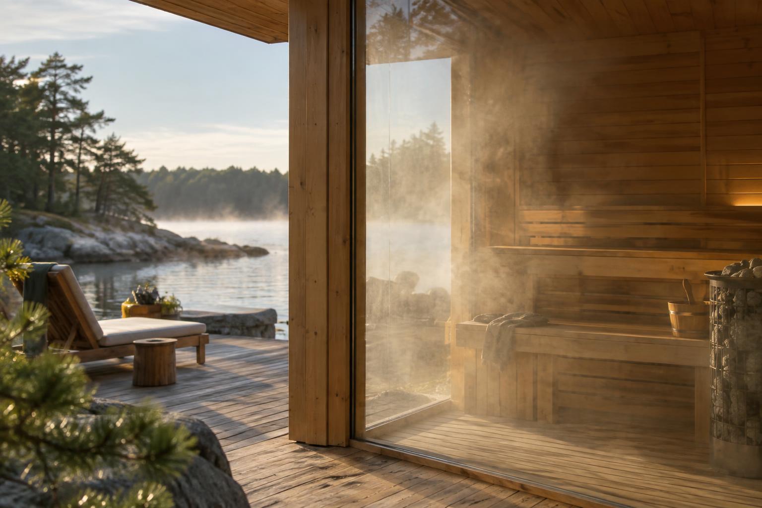 Wooden sauna interior with steam, water and an adjoining rest area.