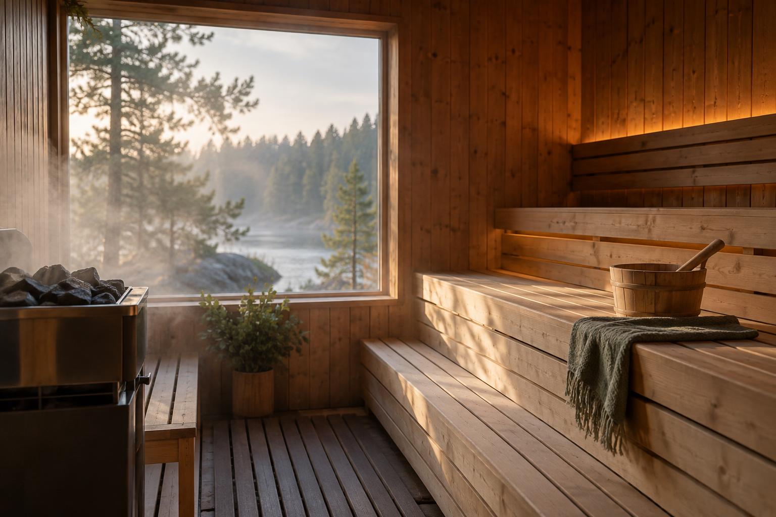 Timber benches and wood-lined walls inside a sauna.