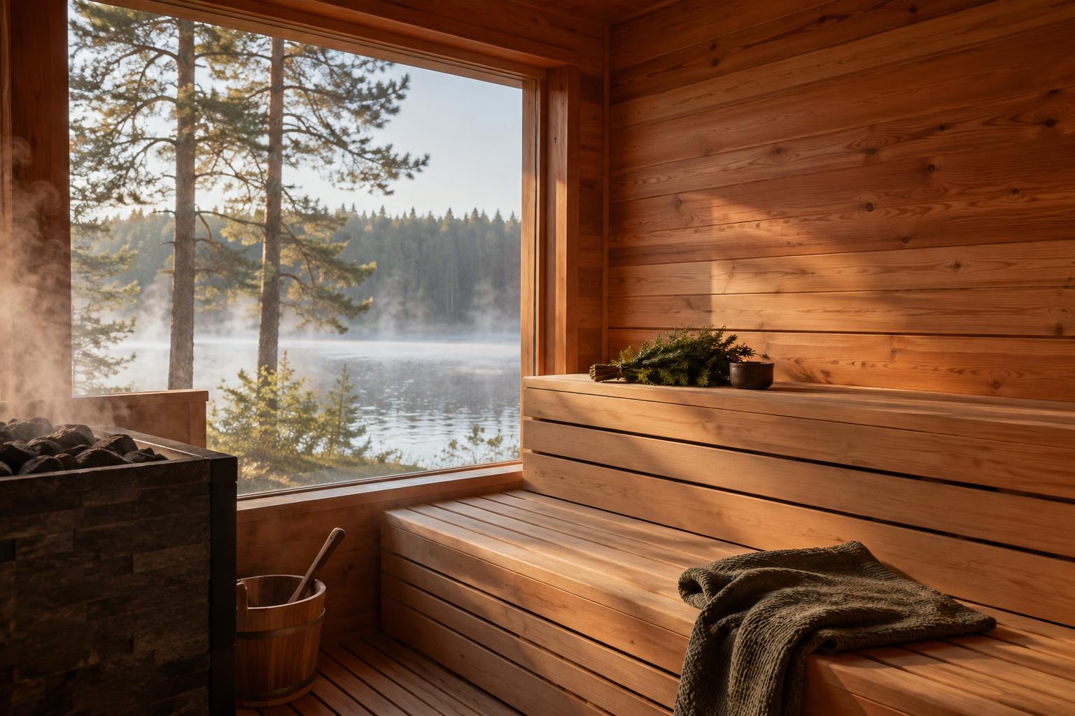Reddish cedar sauna interior with smooth boards and visibly knotted timber