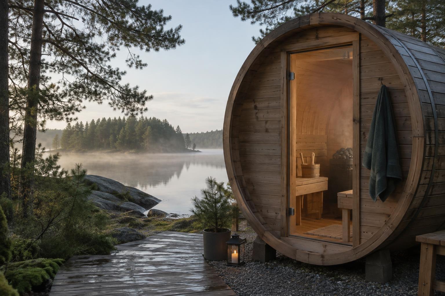 Barrel sauna with curved wooden walls