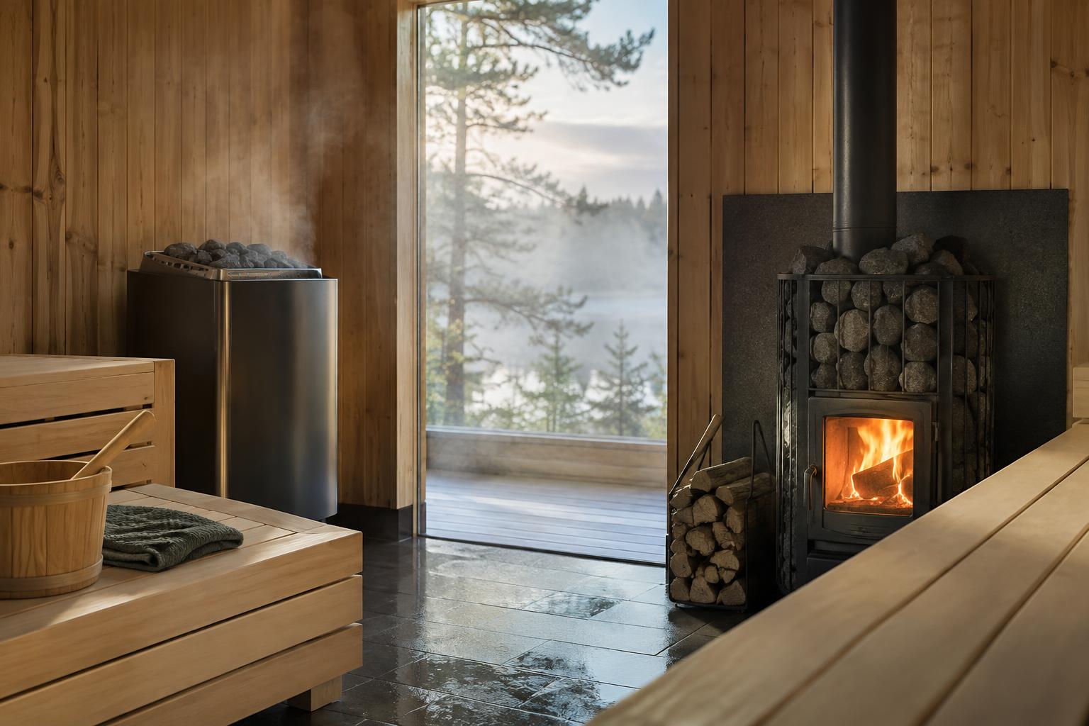 Electric and wood-burning sauna heaters in a sauna interior
