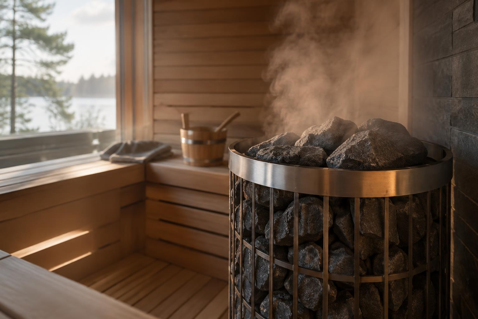 Electric sauna heater inside a sauna