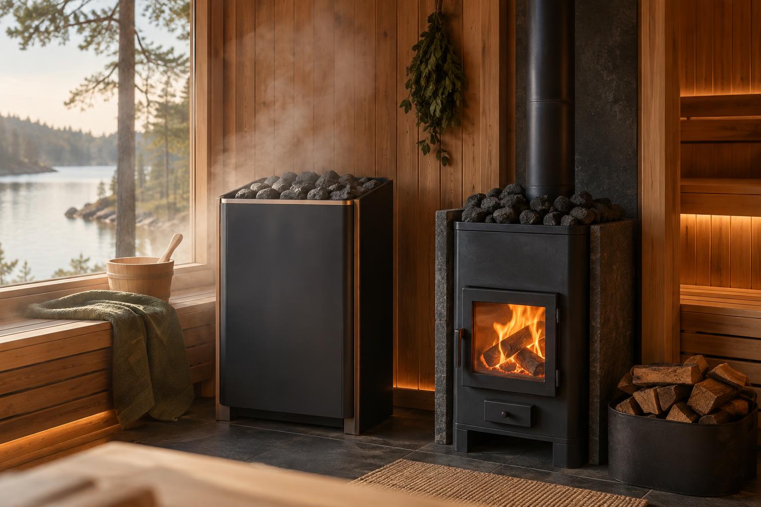 Electric and wood-burning sauna heaters side by side in a sauna interior